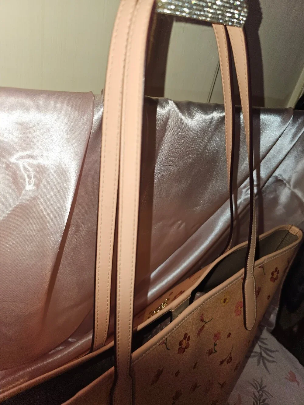 Coach Peach Floral Print Leather City Tote -